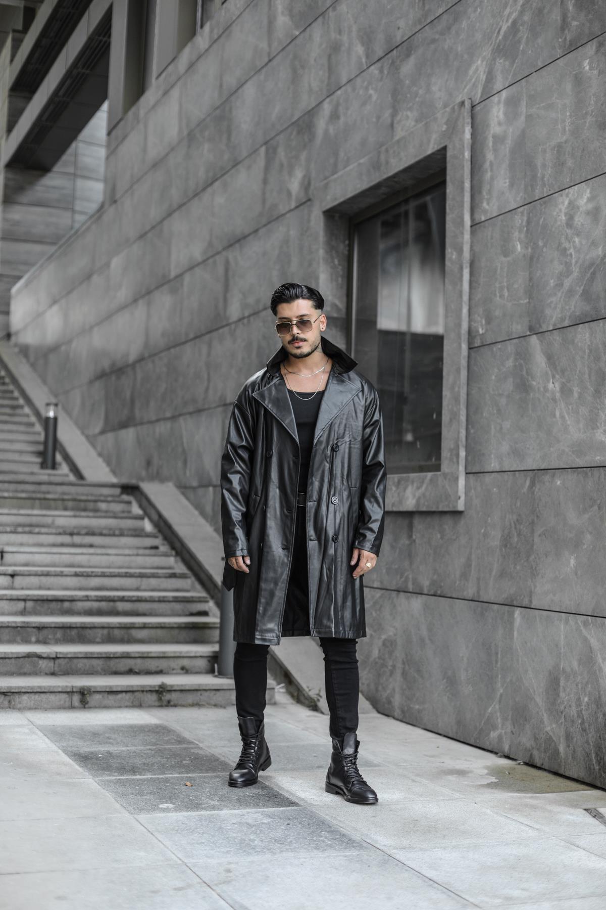 Vintage Kemerli Uzun Deri Kaban Siyah