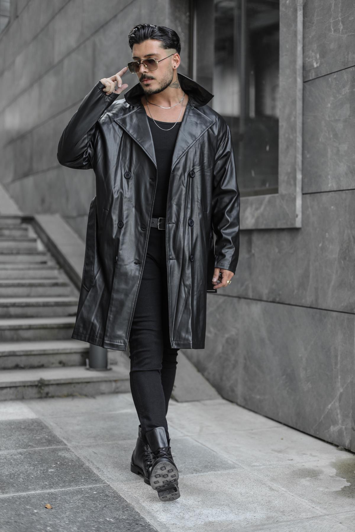 Vintage Kemerli Uzun Deri Kaban Siyah