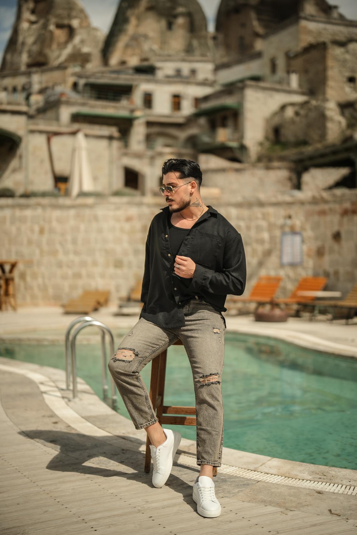 Vintage Yıkmalı Mom Jean Yıkamalı Gri