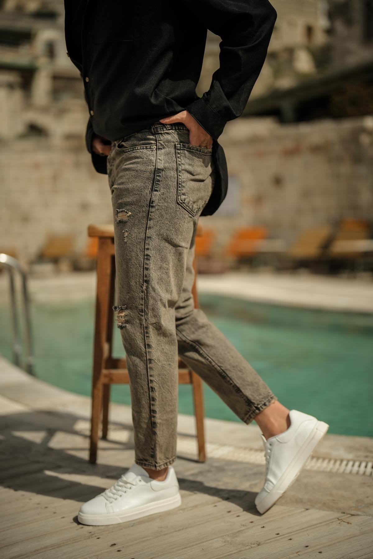 Vintage Yıkmalı Mom Jean Yıkamalı Gri