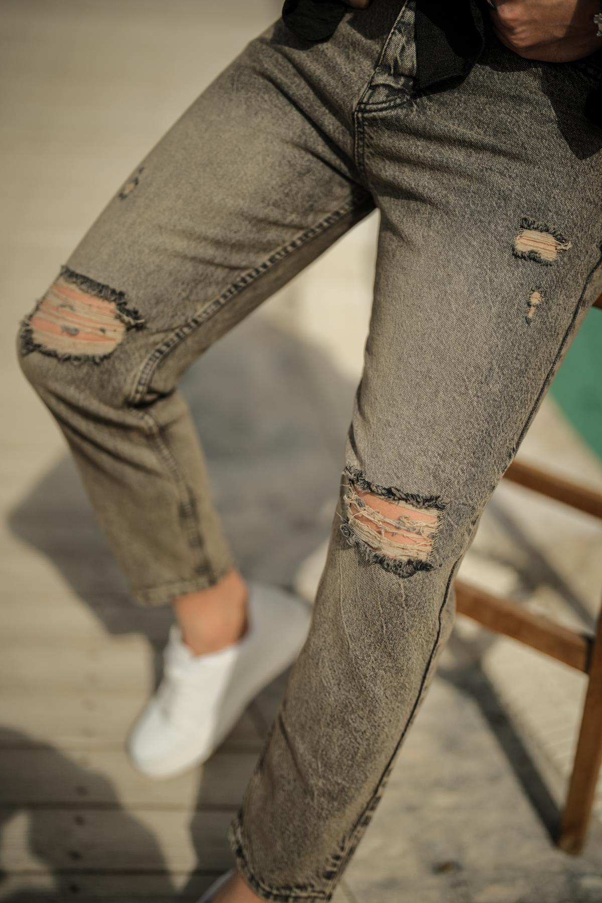 Vintage Yıkmalı Mom Jean Yıkamalı Gri