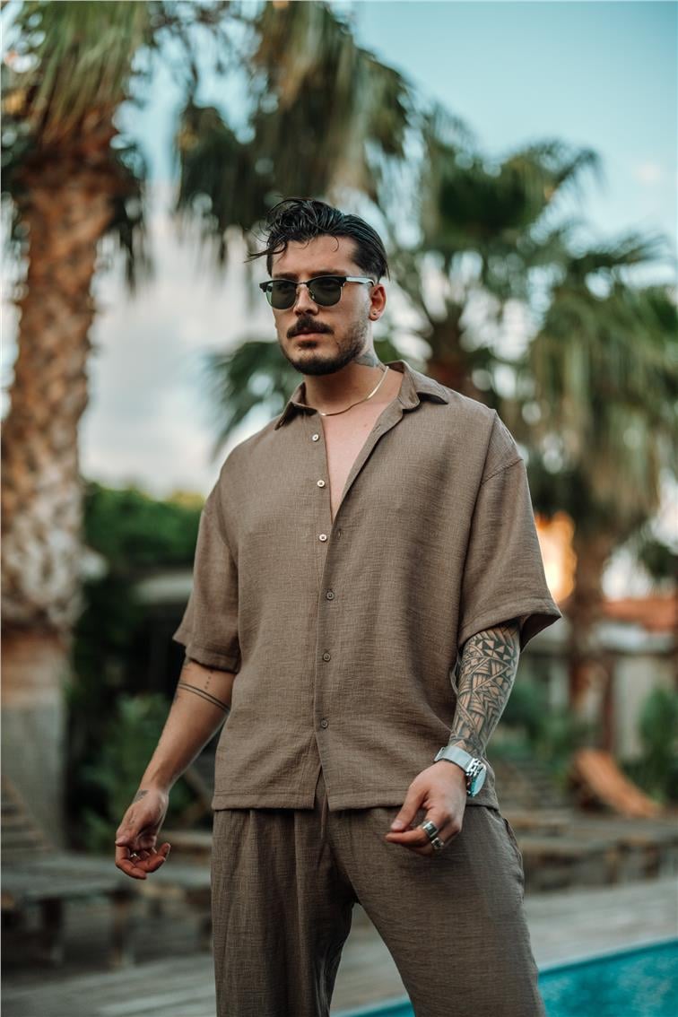Vual Kumaş Oversize Gömlek Kahve