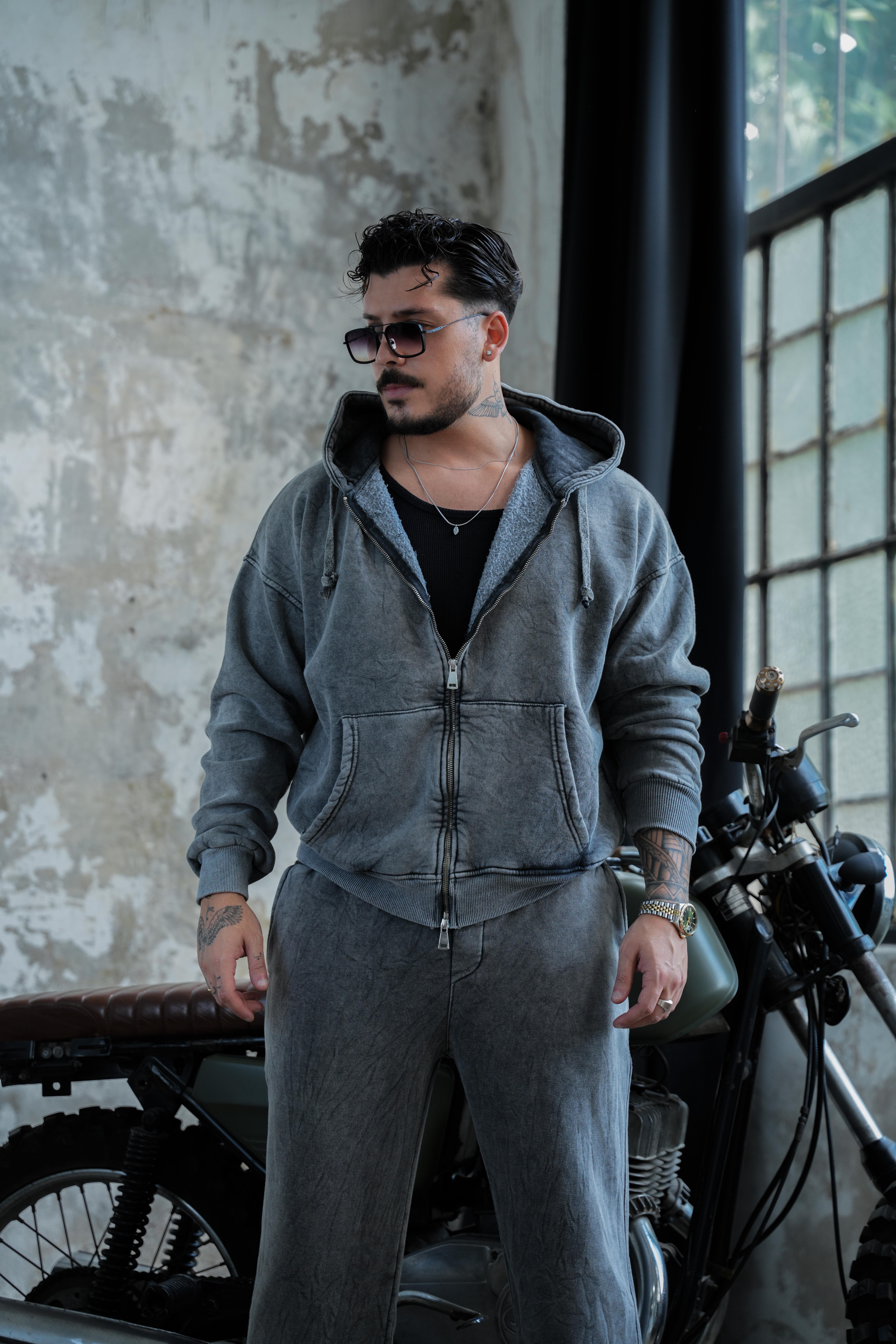 Washed Zipper Hoodie Yıkamalı Yıkamalı Siyah
