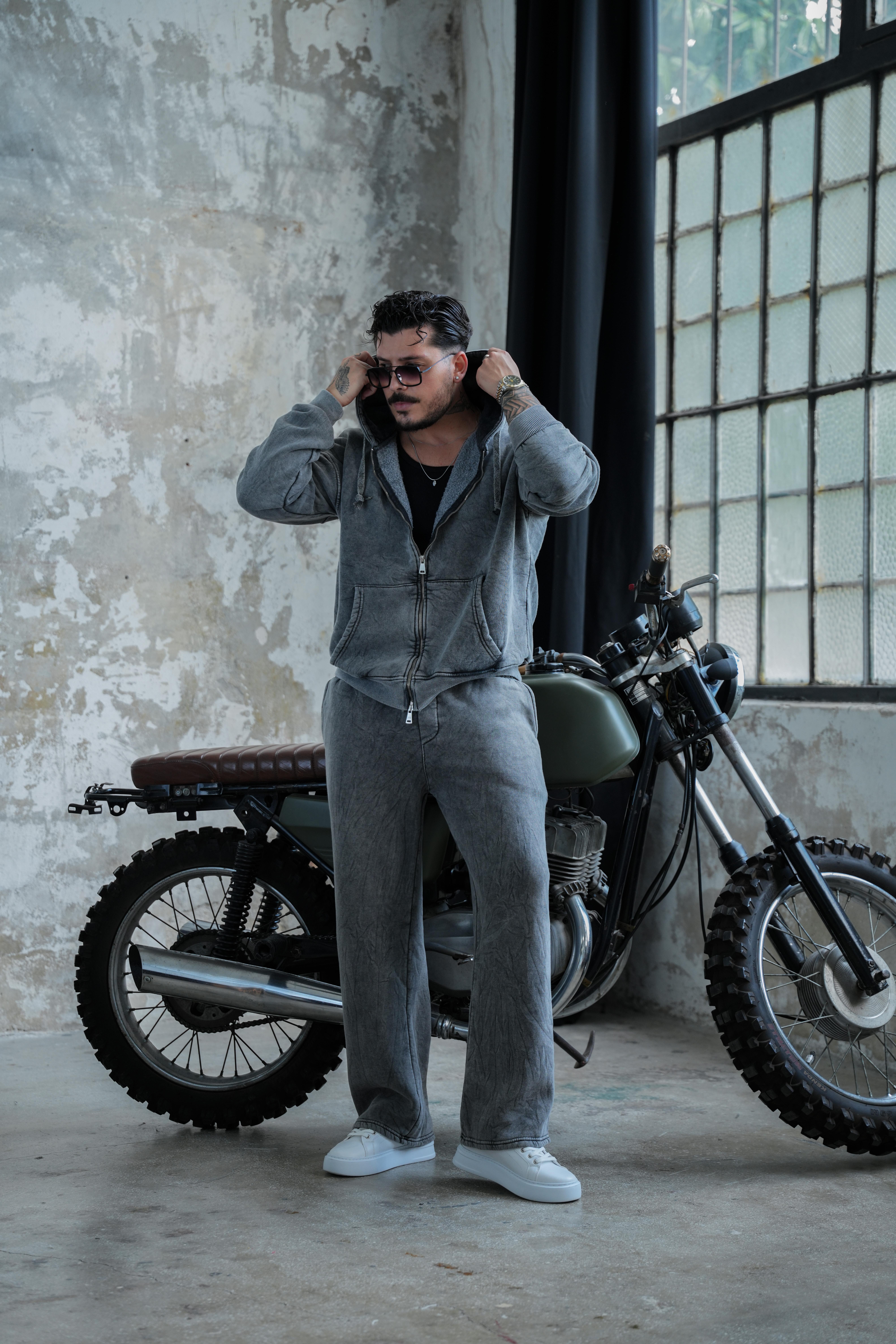 Washed Zipper Hoodie Yıkamalı Yıkamalı Siyah