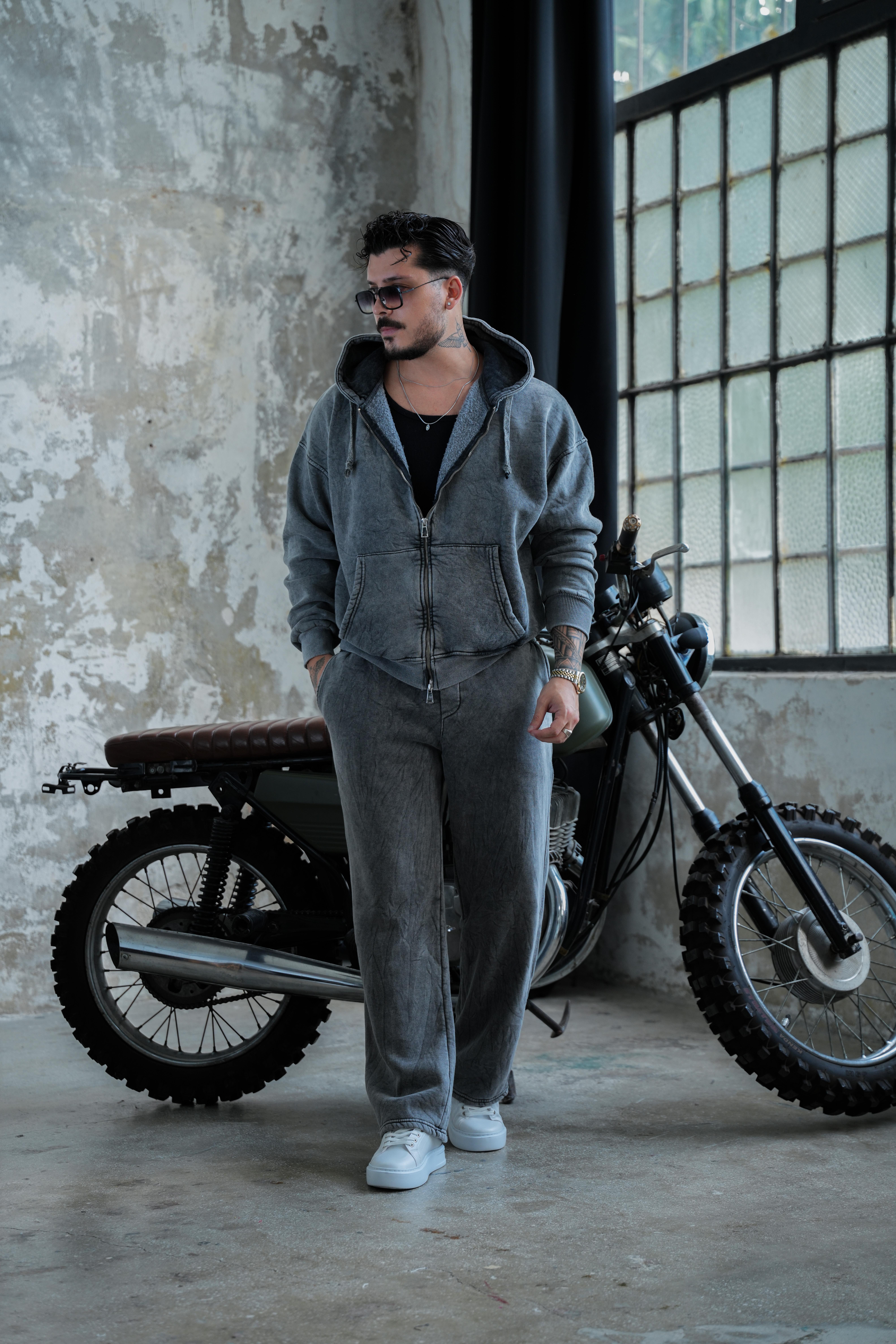 Washed Zipper Hoodie Yıkamalı Yıkamalı Siyah