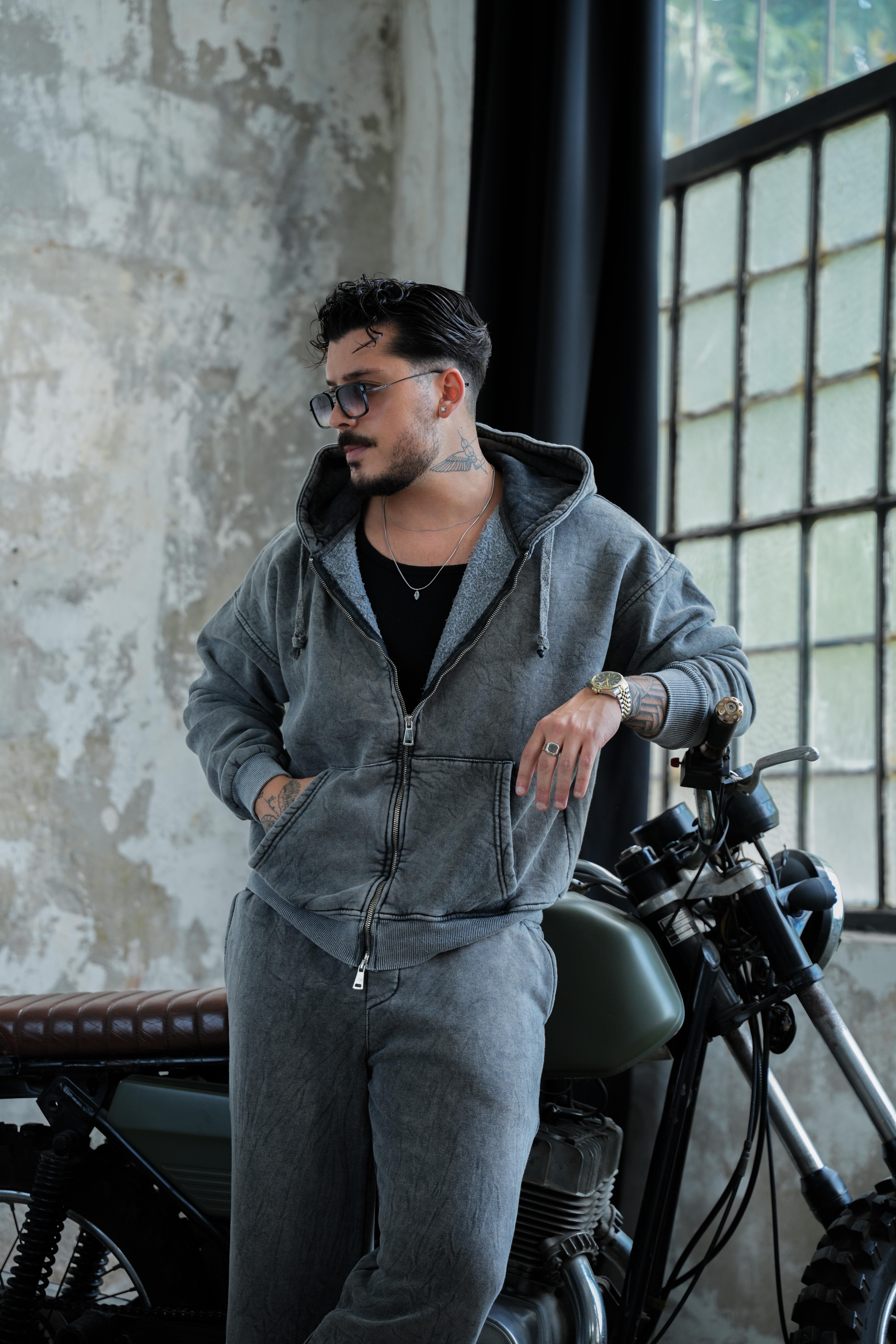 Washed Zipper Hoodie Yıkamalı Yıkamalı Siyah