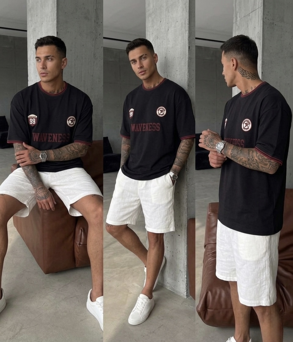 WAVENESS Nakışlı Oversize Tshirt Siyah