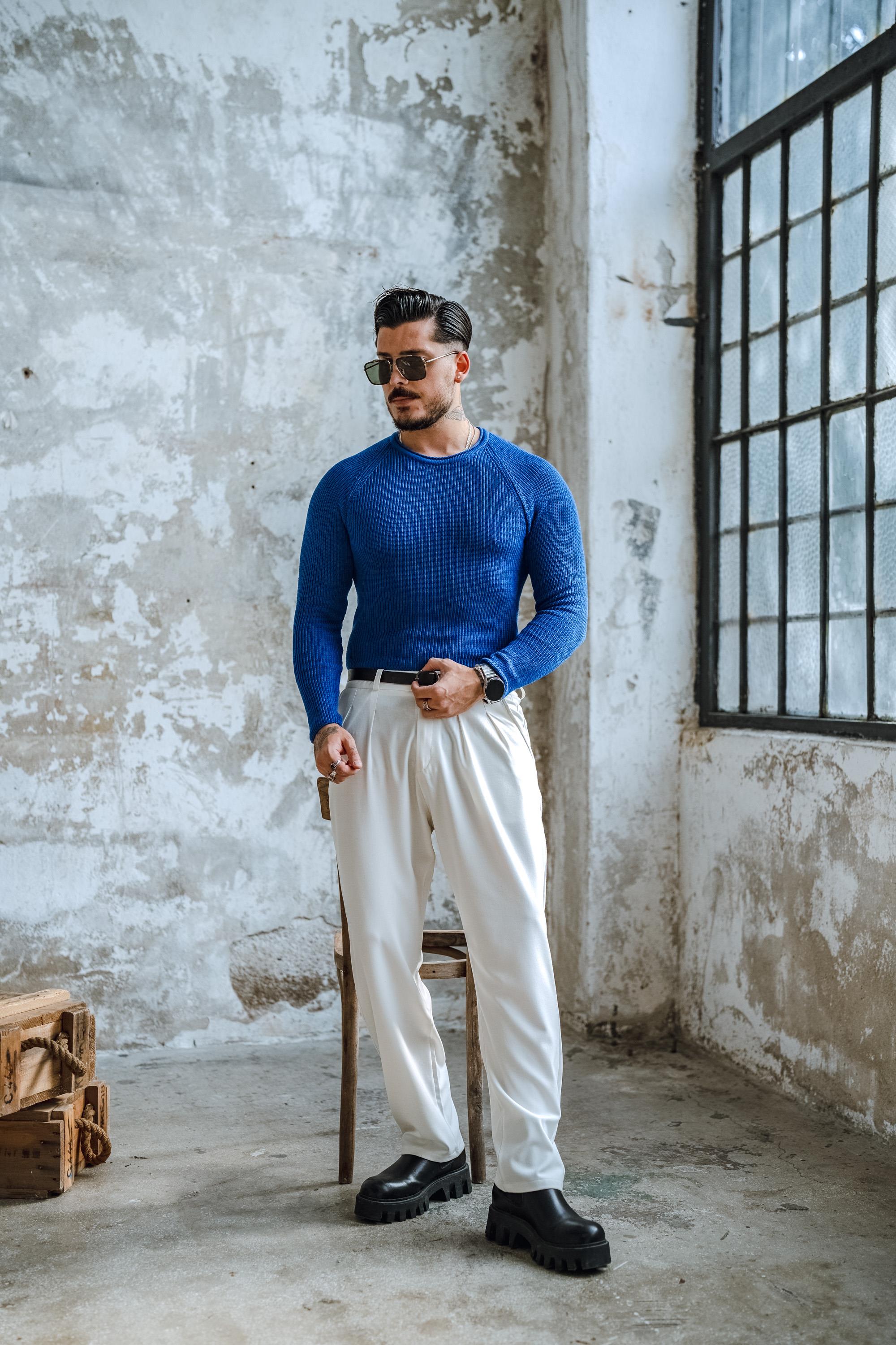 Yaka Detay Slim Örgülü Kazak Saks