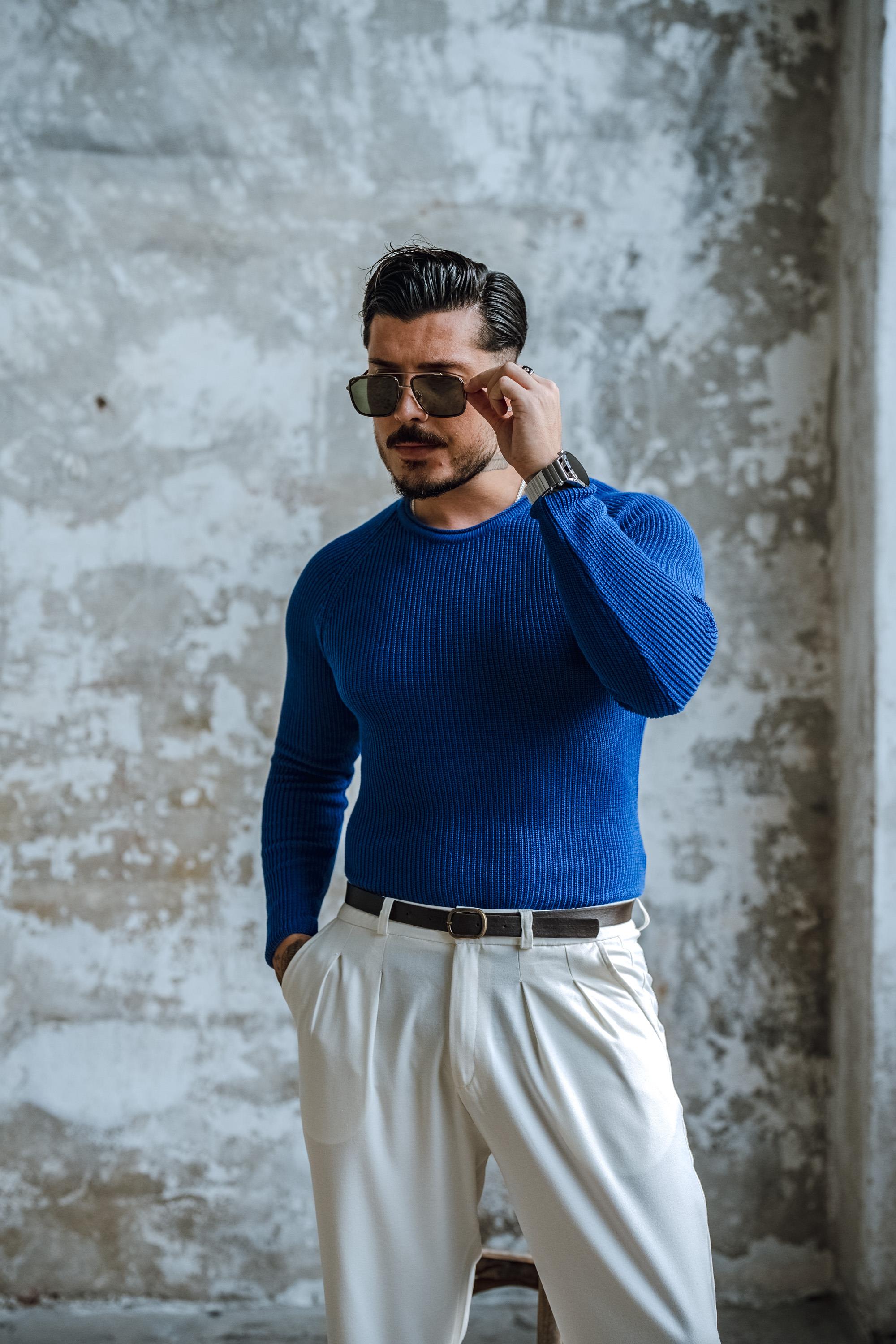 Yaka Detay Slim Örgülü Kazak Saks