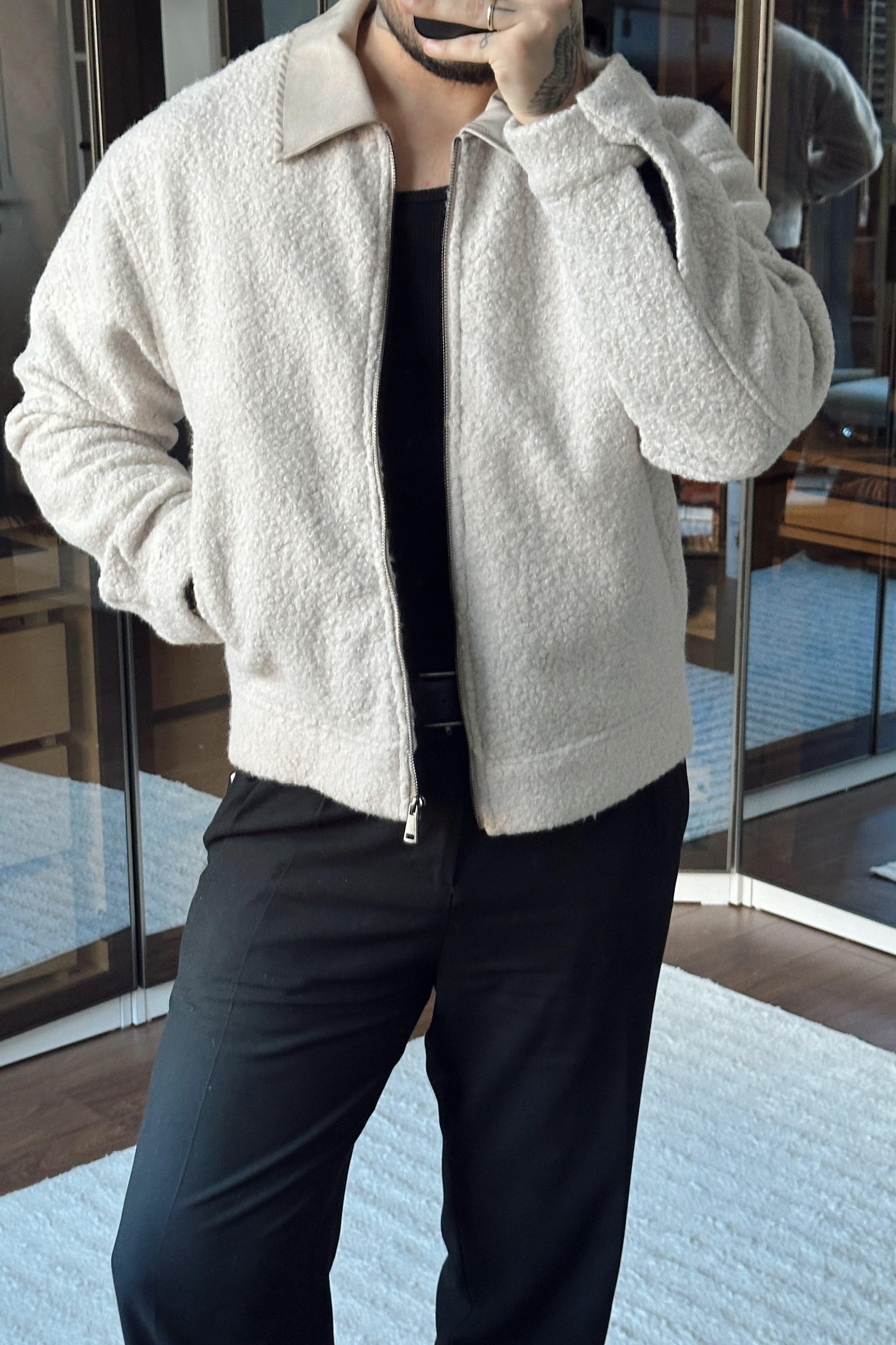 Yaka Detay Yün Görünümlü Bol Ceket Krem