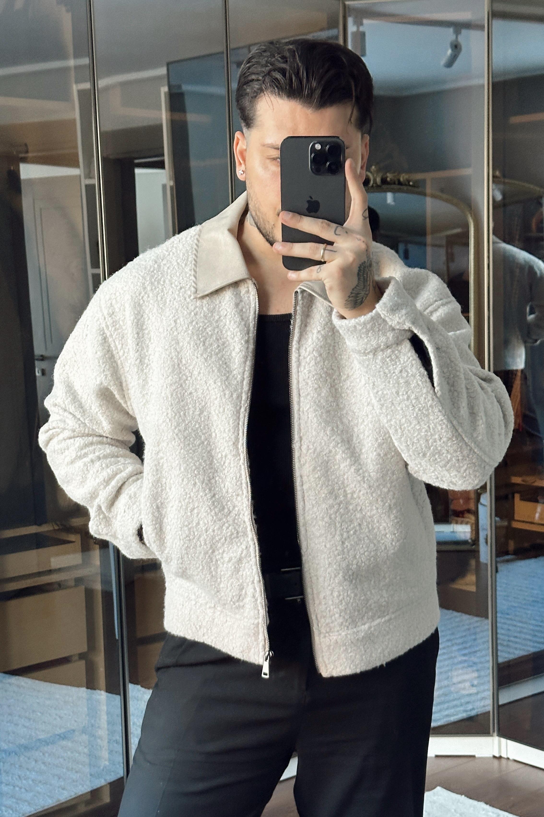 Yaka Detay Yün Görünümlü Bol Ceket Krem