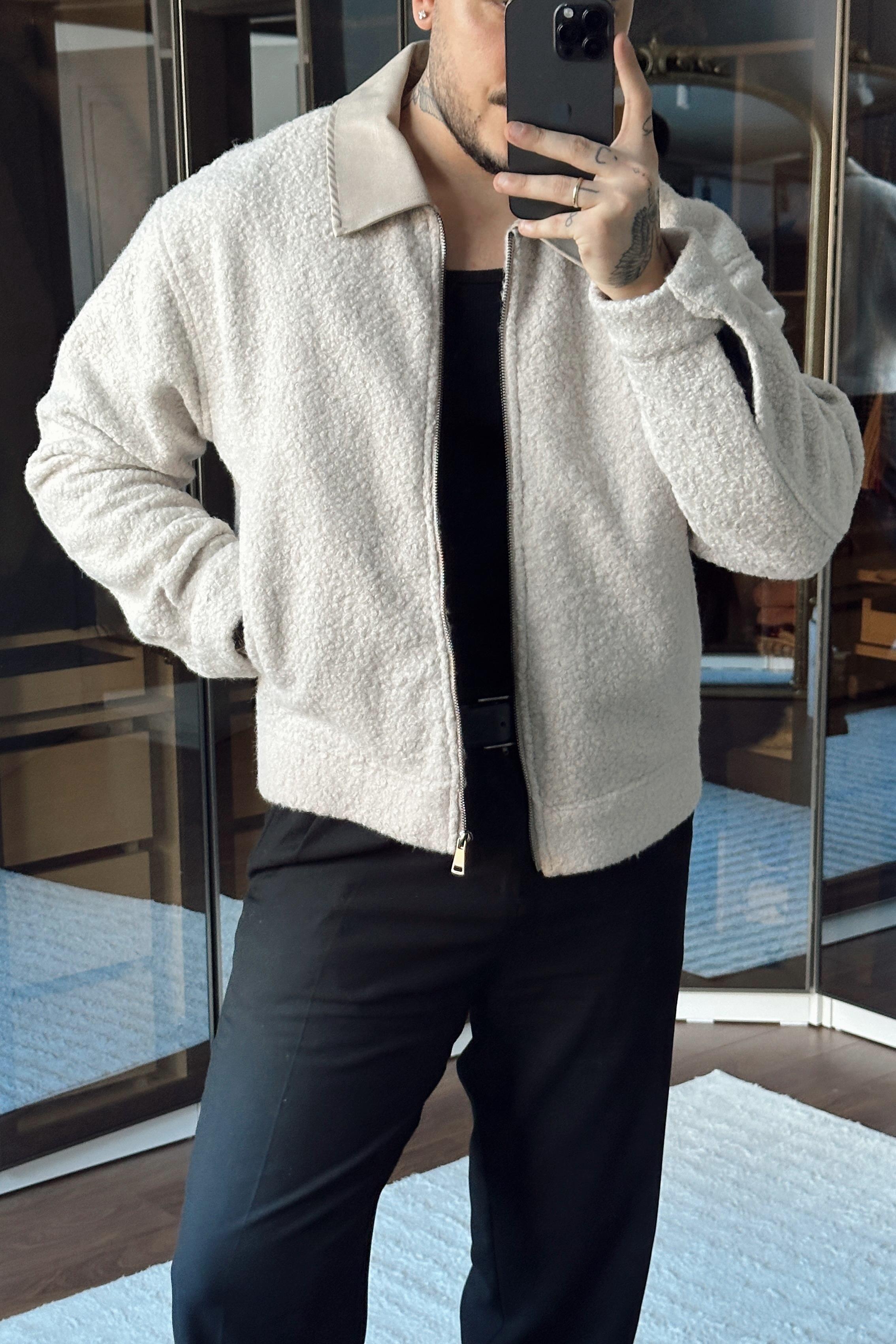 Yaka Detay Yün Görünümlü Bol Ceket Krem