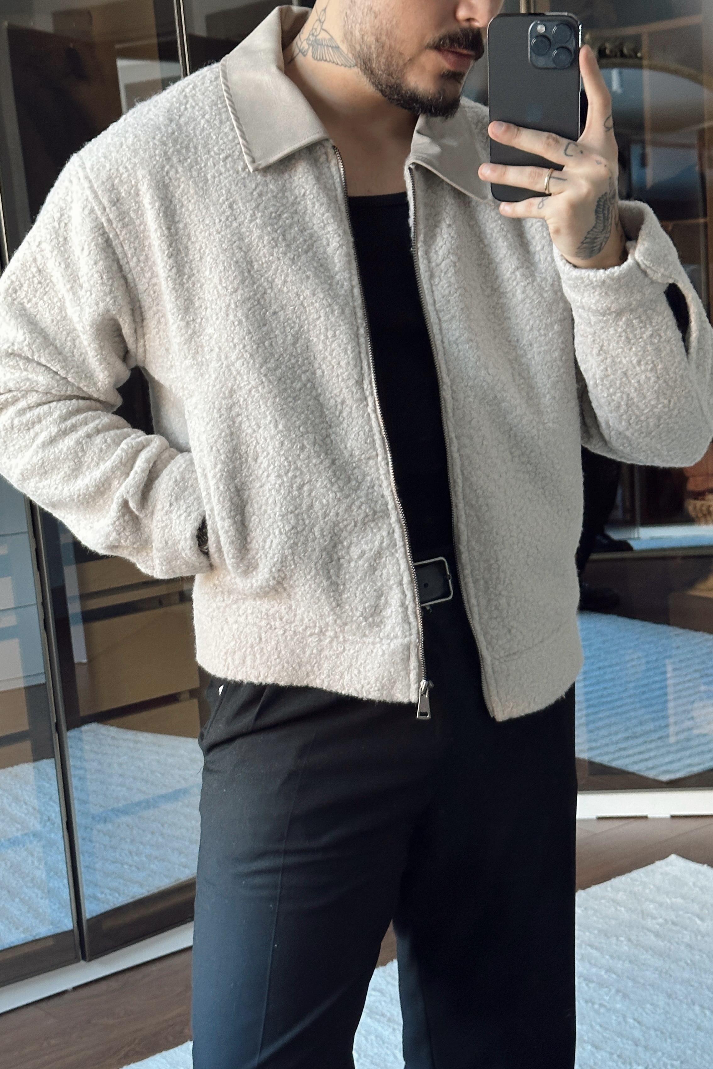 Yaka Detay Yün Görünümlü Bol Ceket Krem