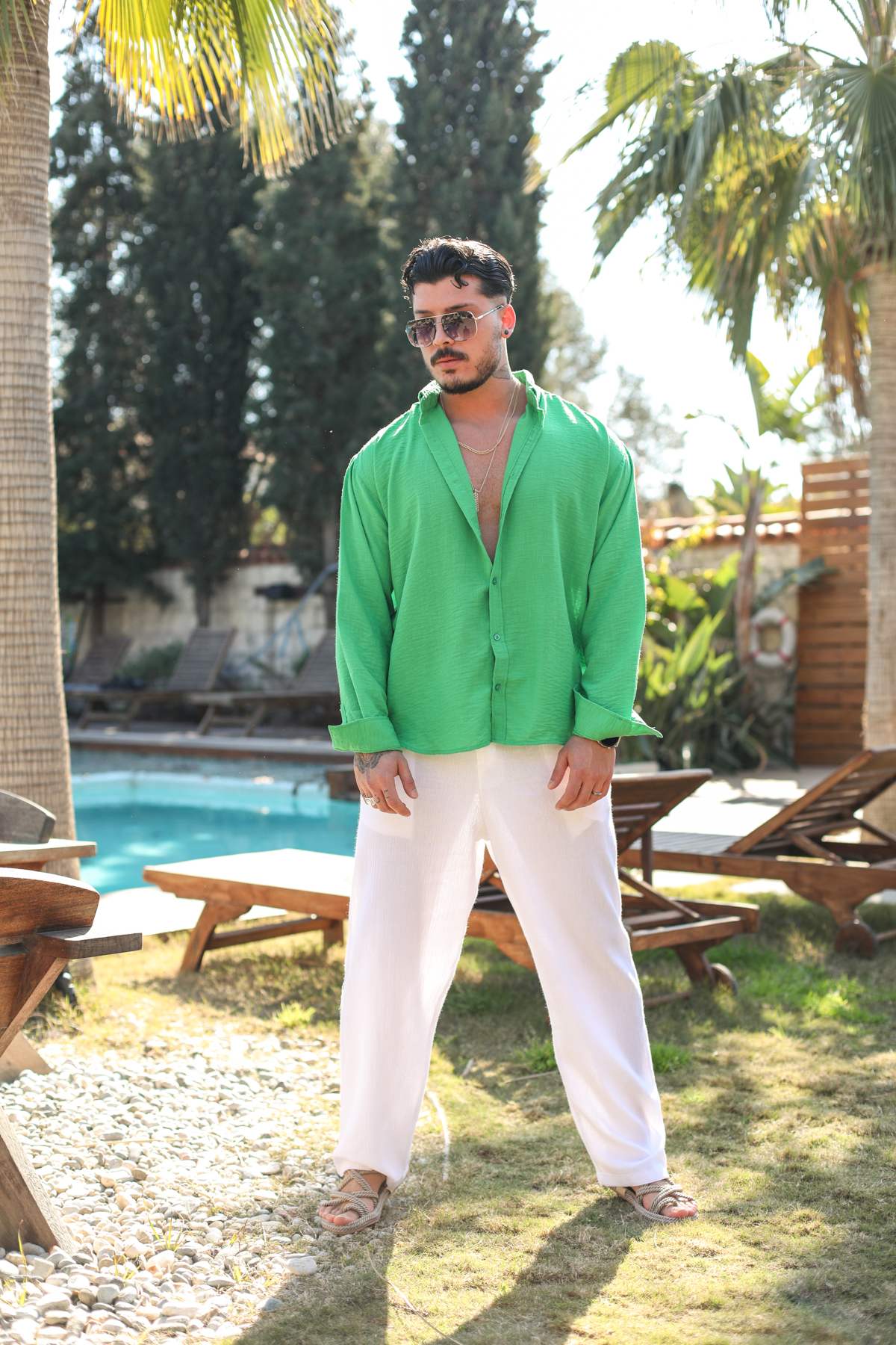 Yaka Düğmeli Basic Regular Fit Gömlek Yeşil