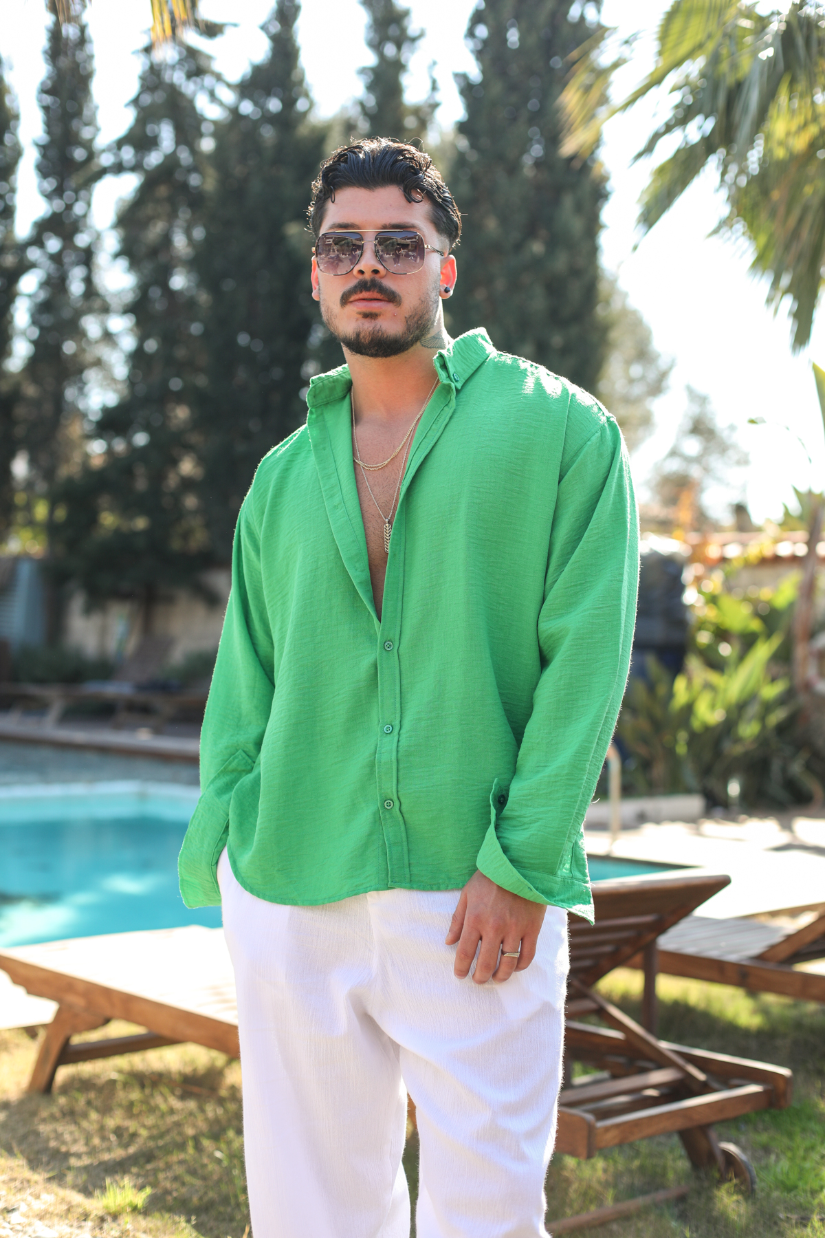 Yaka Düğmeli Basic Regular Fit Gömlek Yeşil