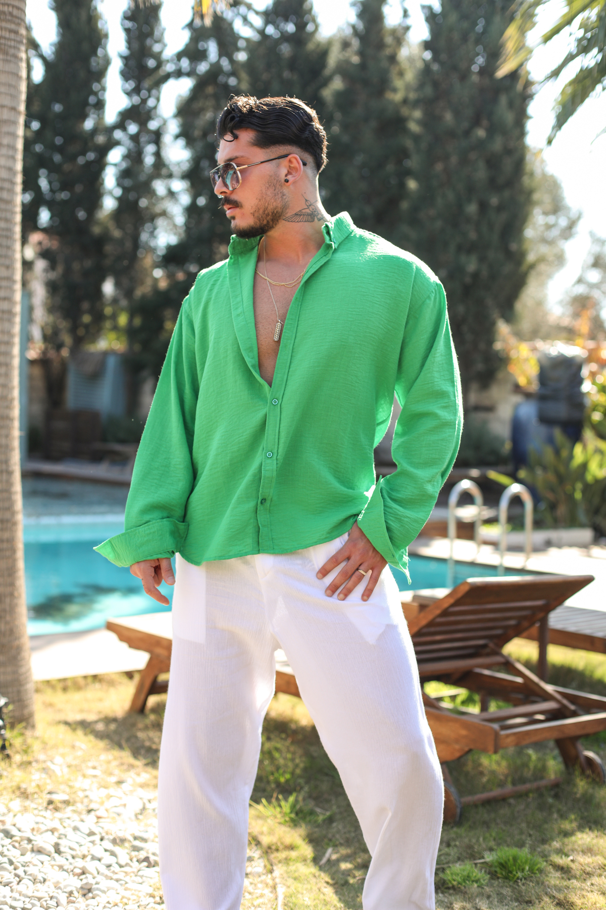 Yaka Düğmeli Basic Regular Fit Gömlek Yeşil