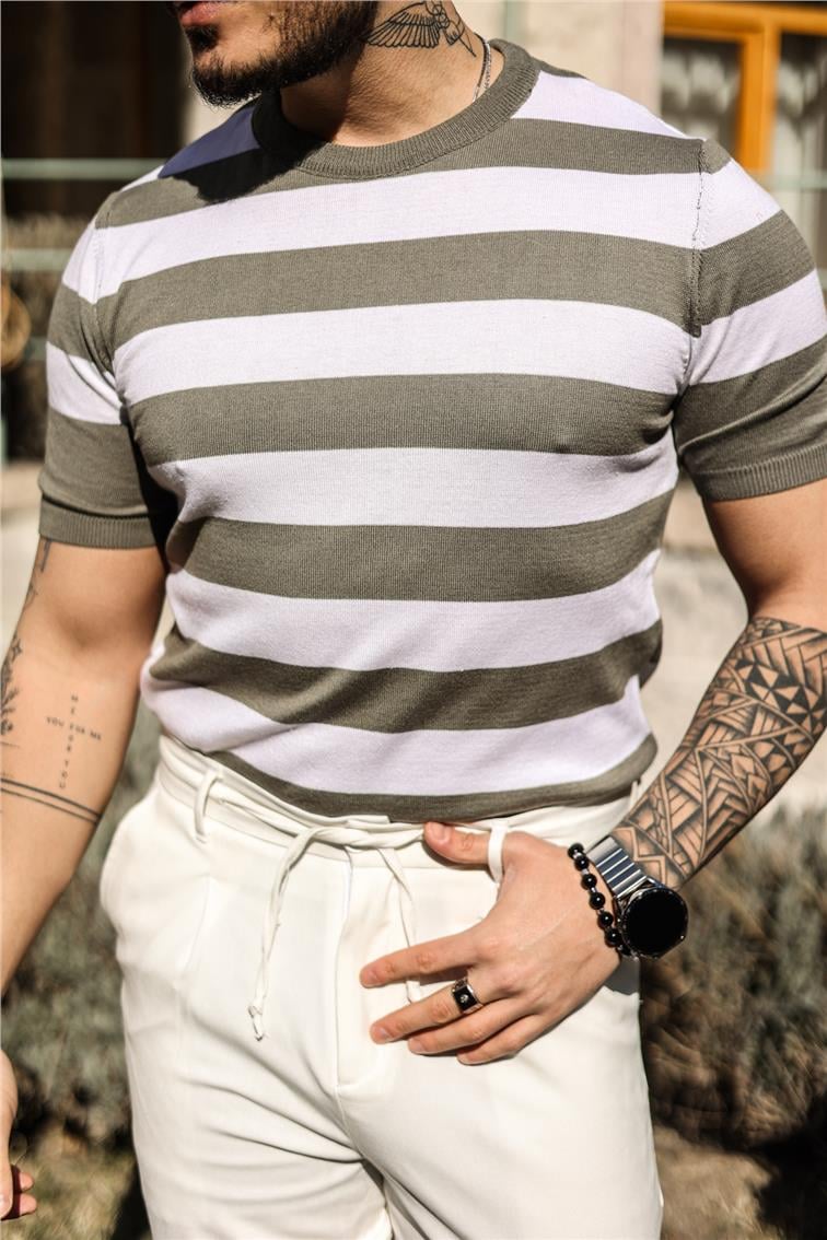 Yan Çizgili Slim Fit T-Shirt Haki