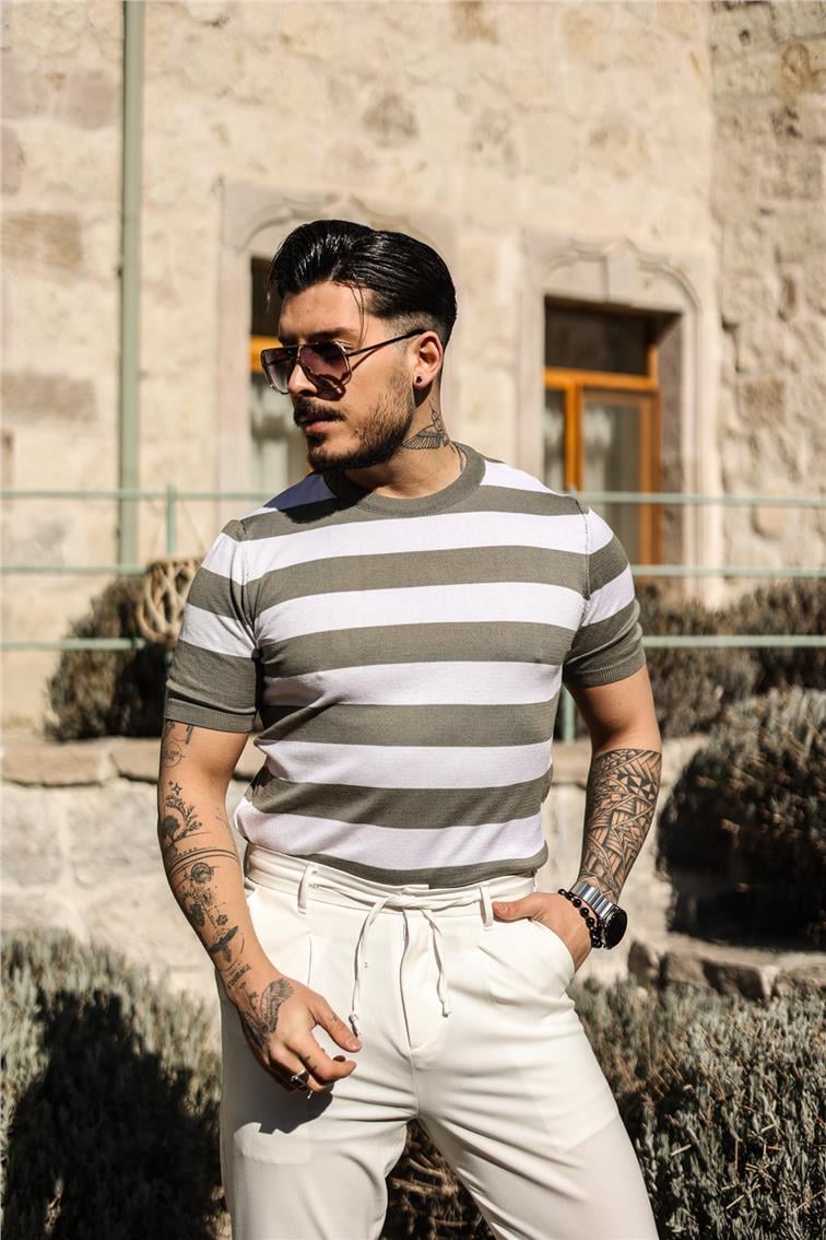 Yan Çizgili Slim Fit T-Shirt Haki