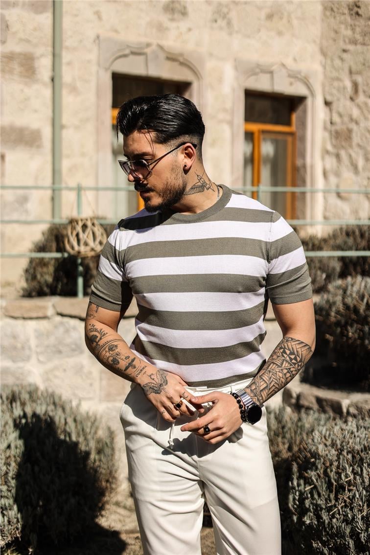 Yan Çizgili Slim Fit T-Shirt Haki