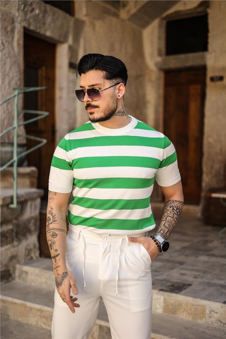 Yan Çizgili Slim Fit T-Shirt Yeşil