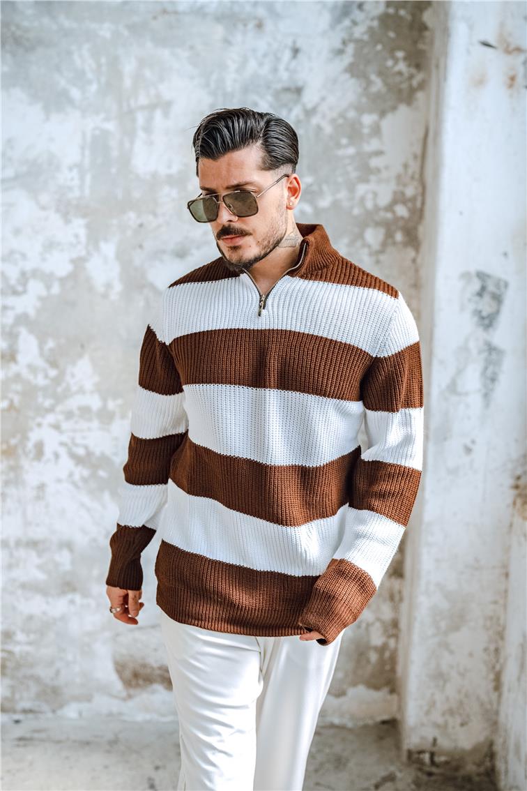 Yarım Fermuarlı İki Renk Örme Kazak Kahve