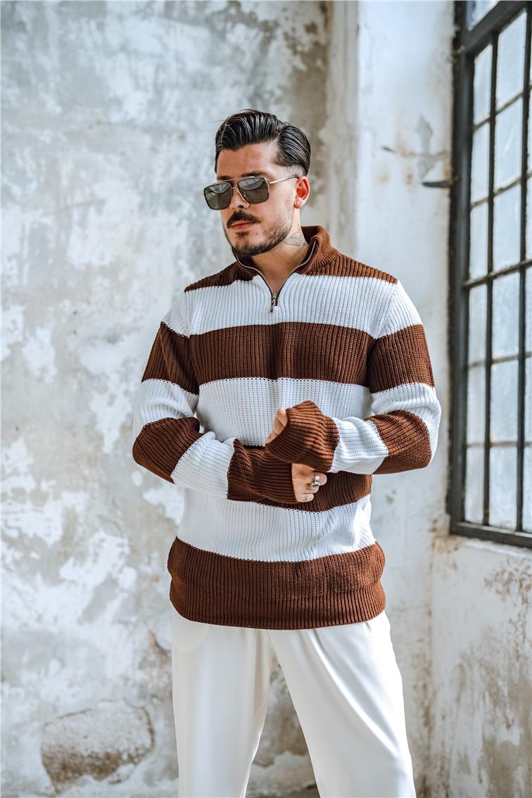 Yarım Fermuarlı İki Renk Örme Kazak Kahve