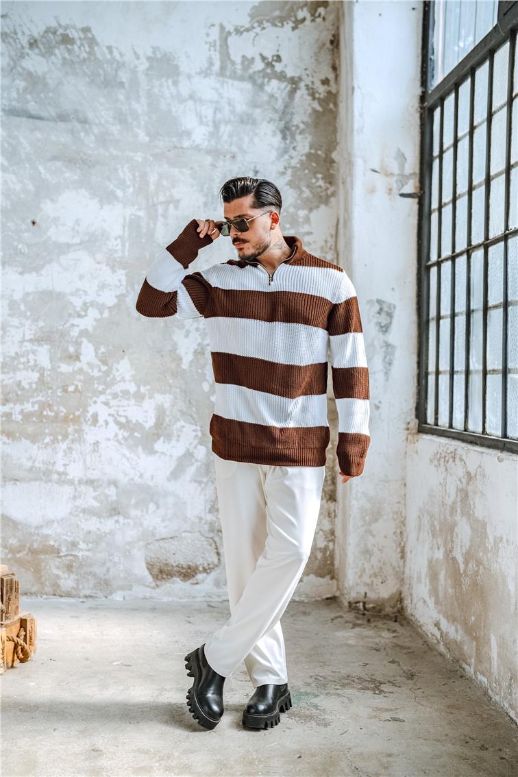 Yarım Fermuarlı İki Renk Örme Kazak Kahve