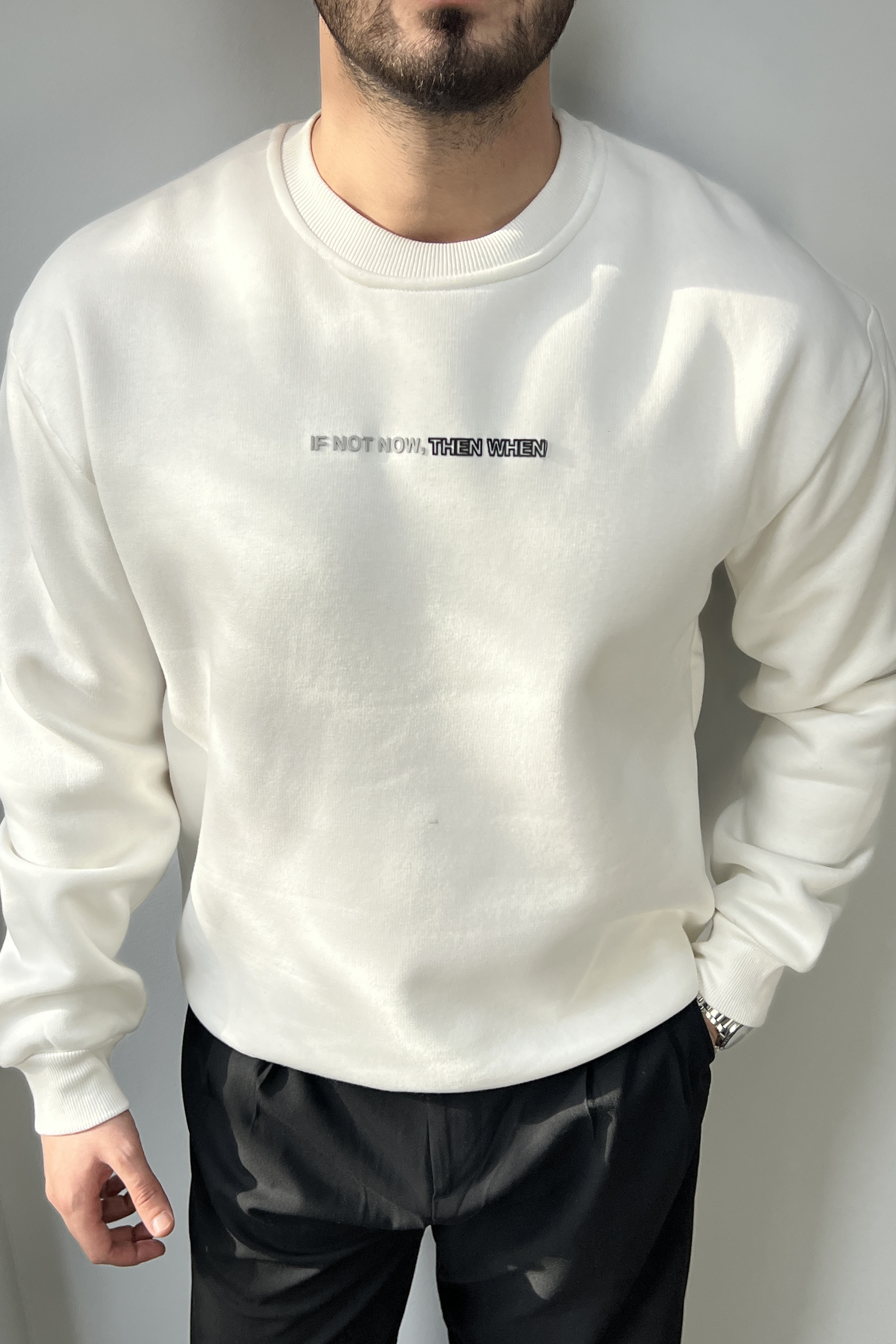 Yazı Detay Basic Sweatshirt Beyaz