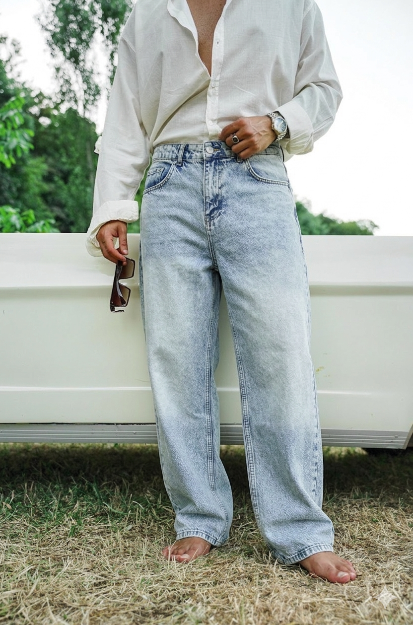 Yıkamalı Baggy Jean Pantolon Buz Mavi