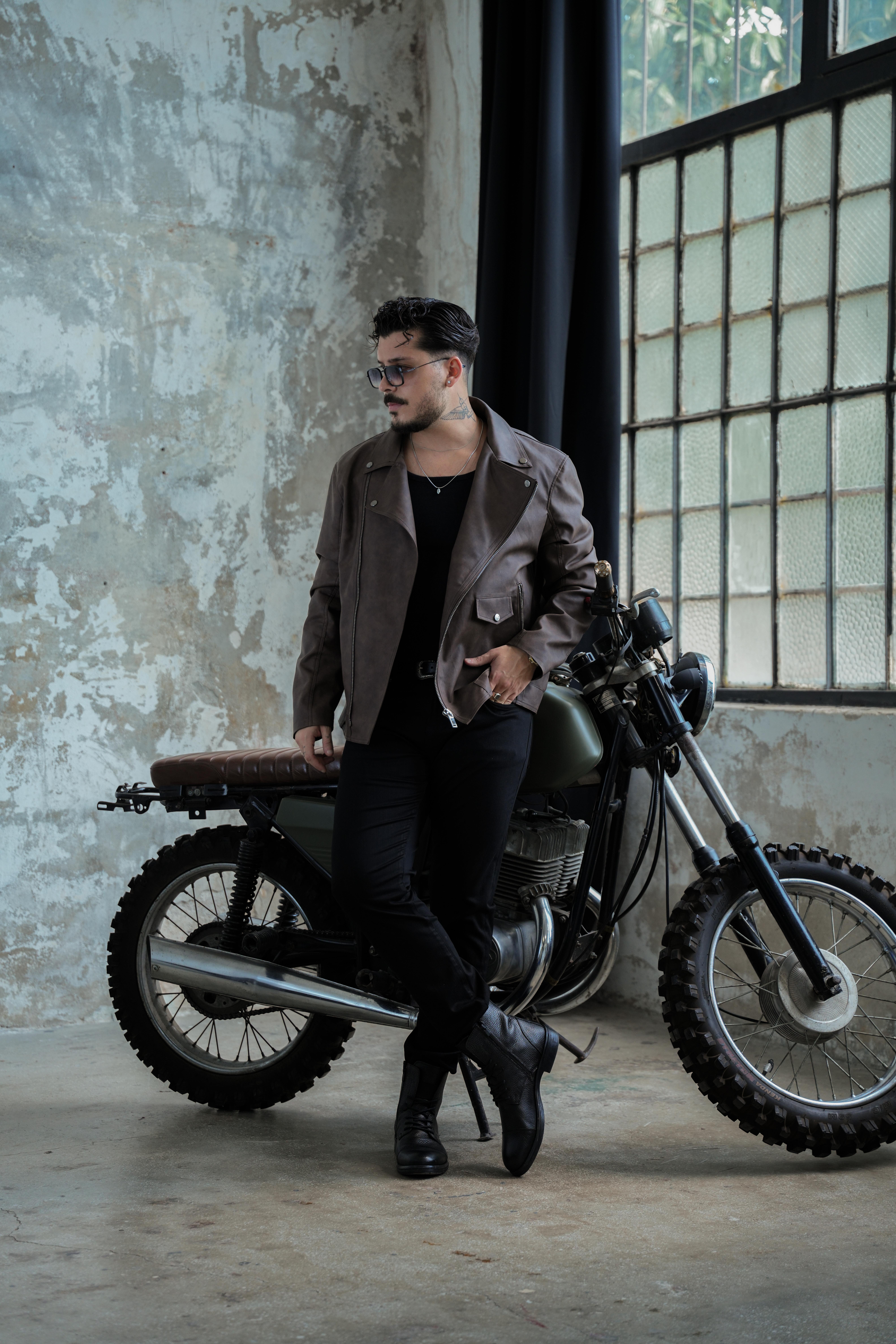 Yıkamalı Biker KG Deri Ceket Kahve