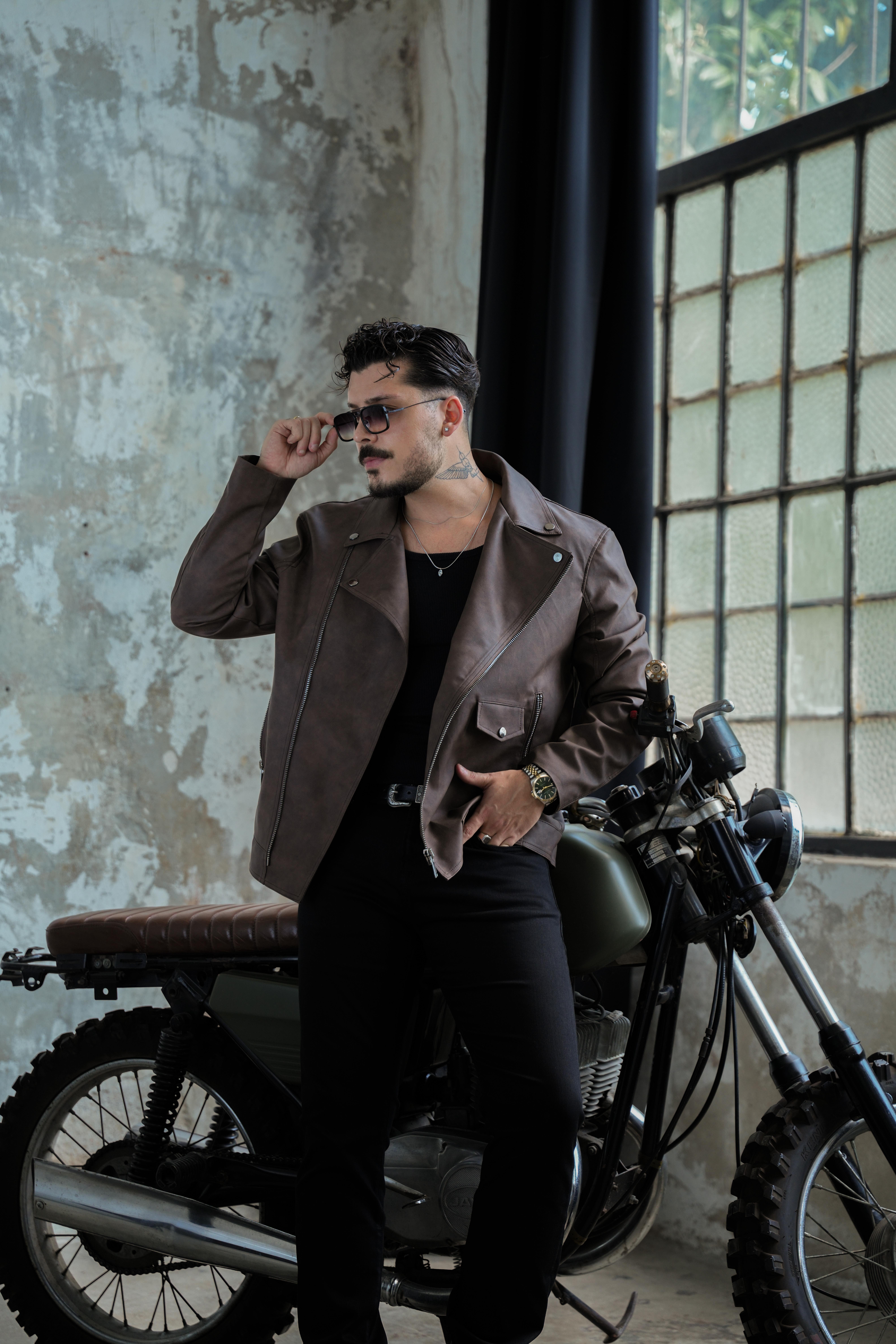 Yıkamalı Biker KG Deri Ceket Kahve
