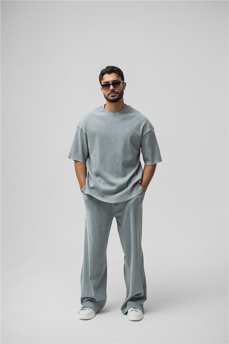 Yıkamalı Fitilli Oversize T-Shirt Yıkamalı Gri
