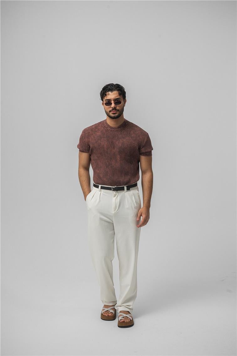 Yıkamalı İnce Şeritli T-Shirt Yıkamalı Kırmızı