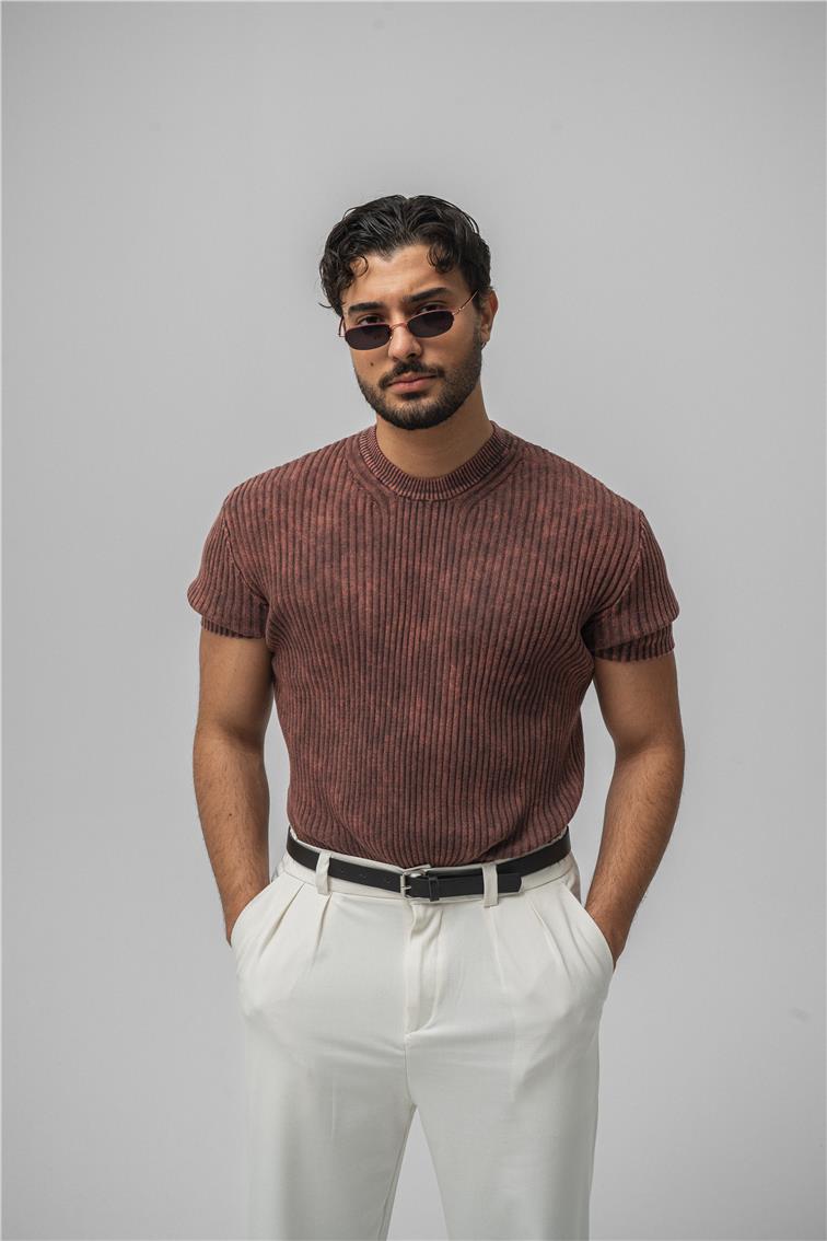 Yıkamalı İnce Şeritli T-Shirt Yıkamalı Kırmızı