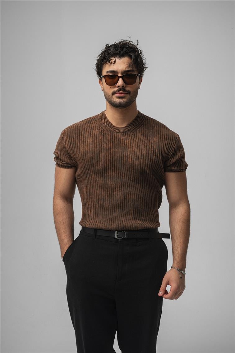 Yıkamalı İnce Şeritli T-Shirt Yıkamalı Kahve