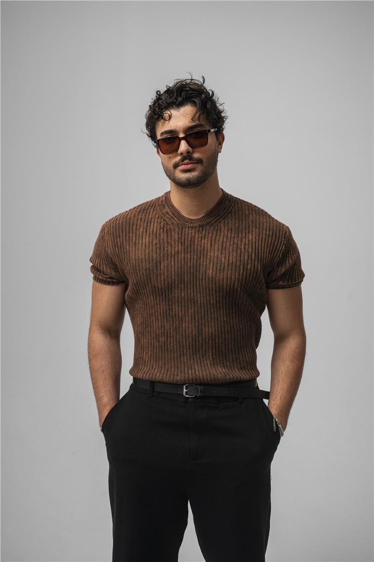 Yıkamalı İnce Şeritli T-Shirt Yıkamalı Kahve