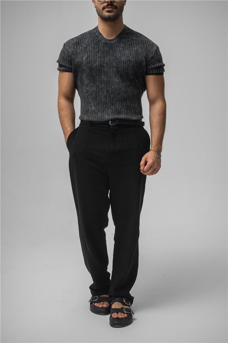 Yıkamalı İnce Şeritli T-Shirt Yıkamalı Siyah