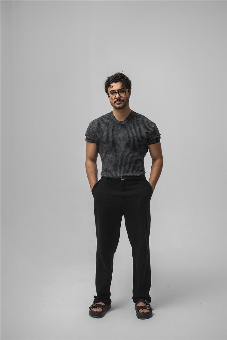 Yıkamalı İnce Şeritli T-Shirt Yıkamalı Siyah