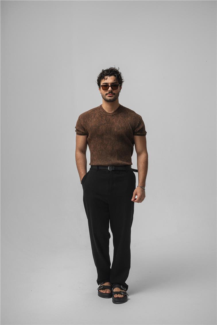 Yıkamalı İnce Şeritli T-Shirt Yıkamalı Kahve