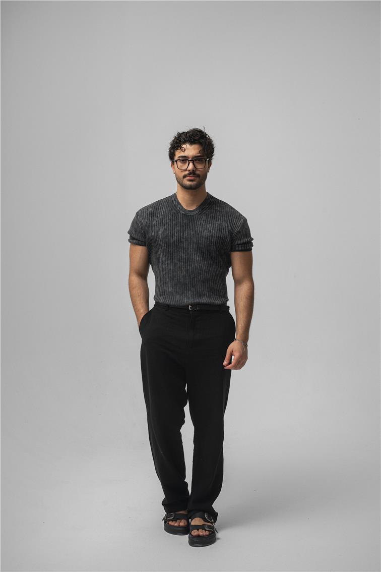 Yıkamalı İnce Şeritli T-Shirt Yıkamalı Siyah