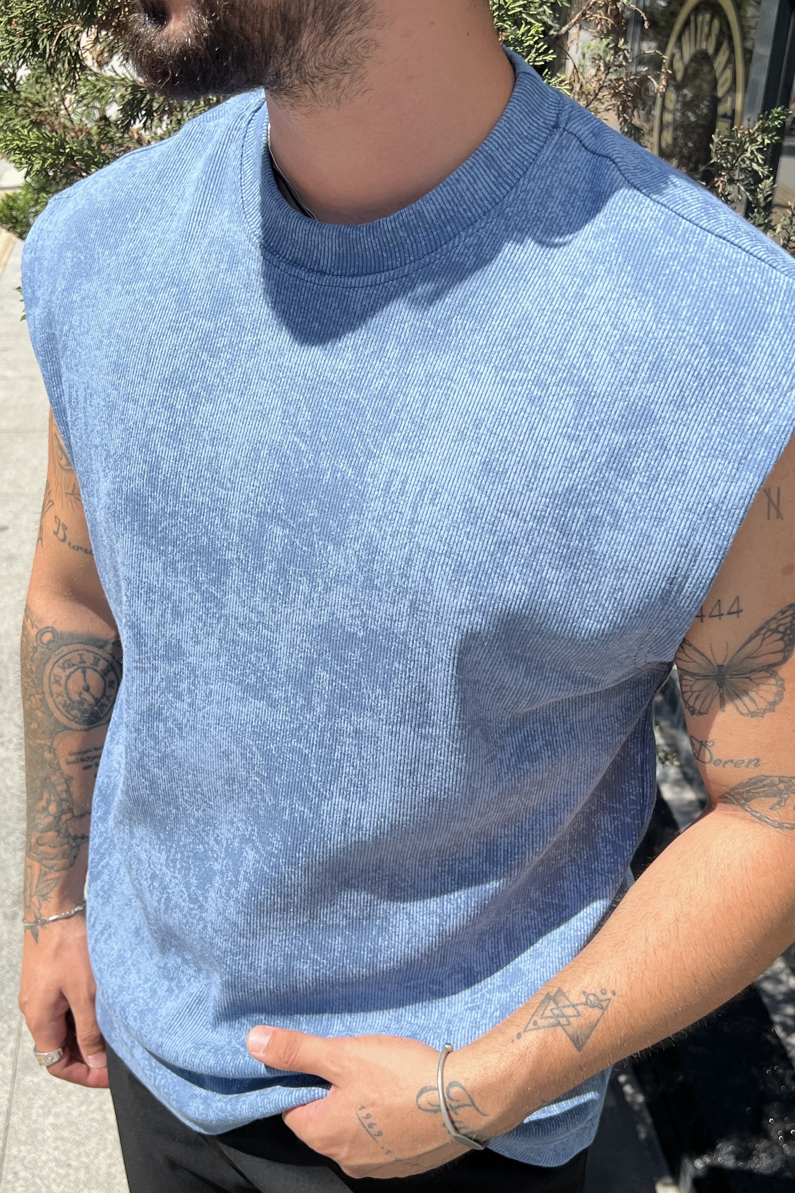 Yıkamalı Oversize Atlet Mavi