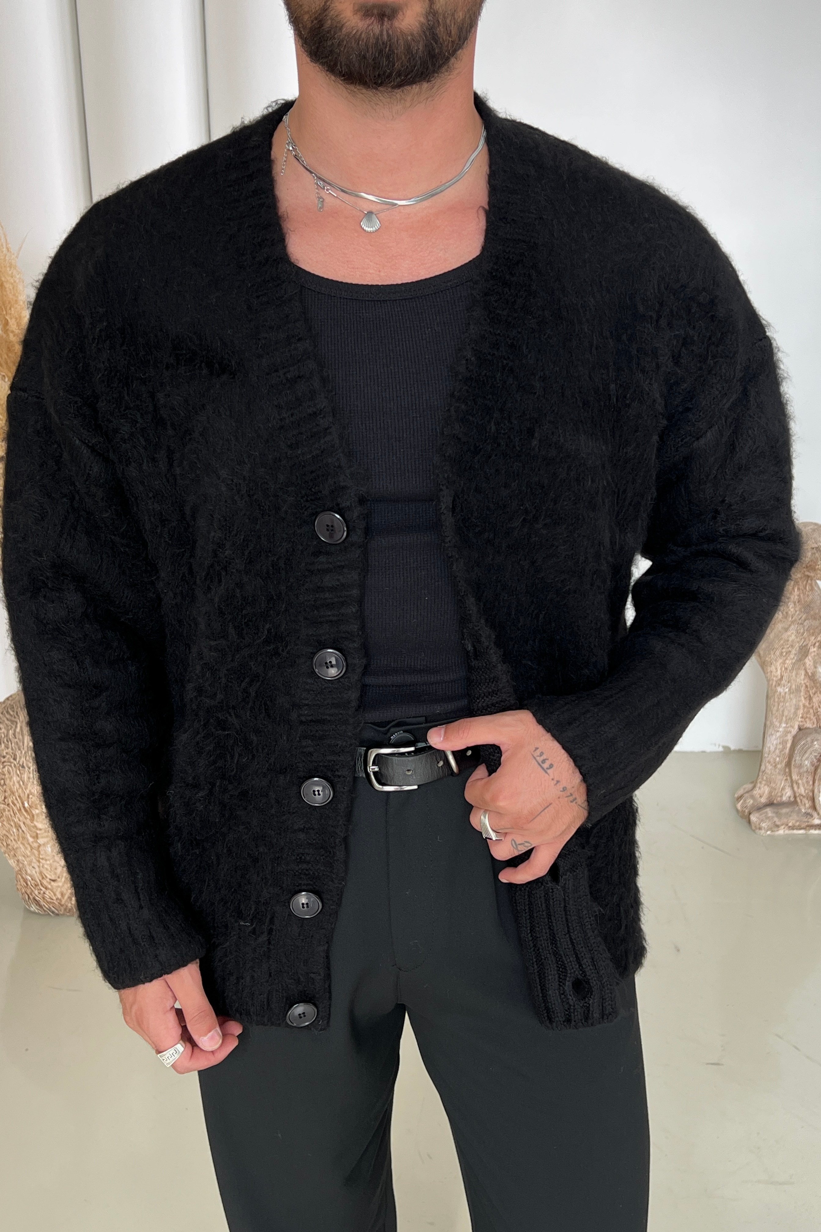 Yün Görünümlü Oversize Basic Kazak Siyah
