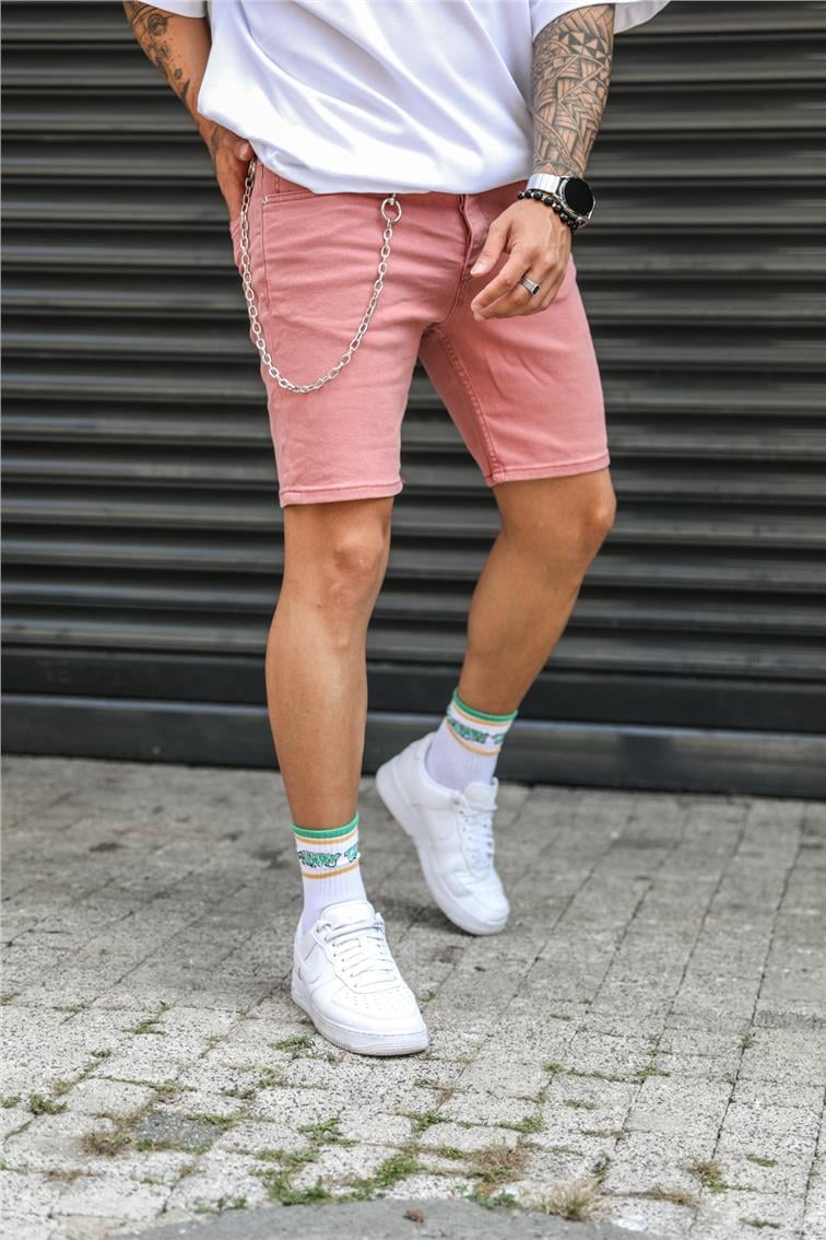 Zincir Detaylı Jean Şort Pudra