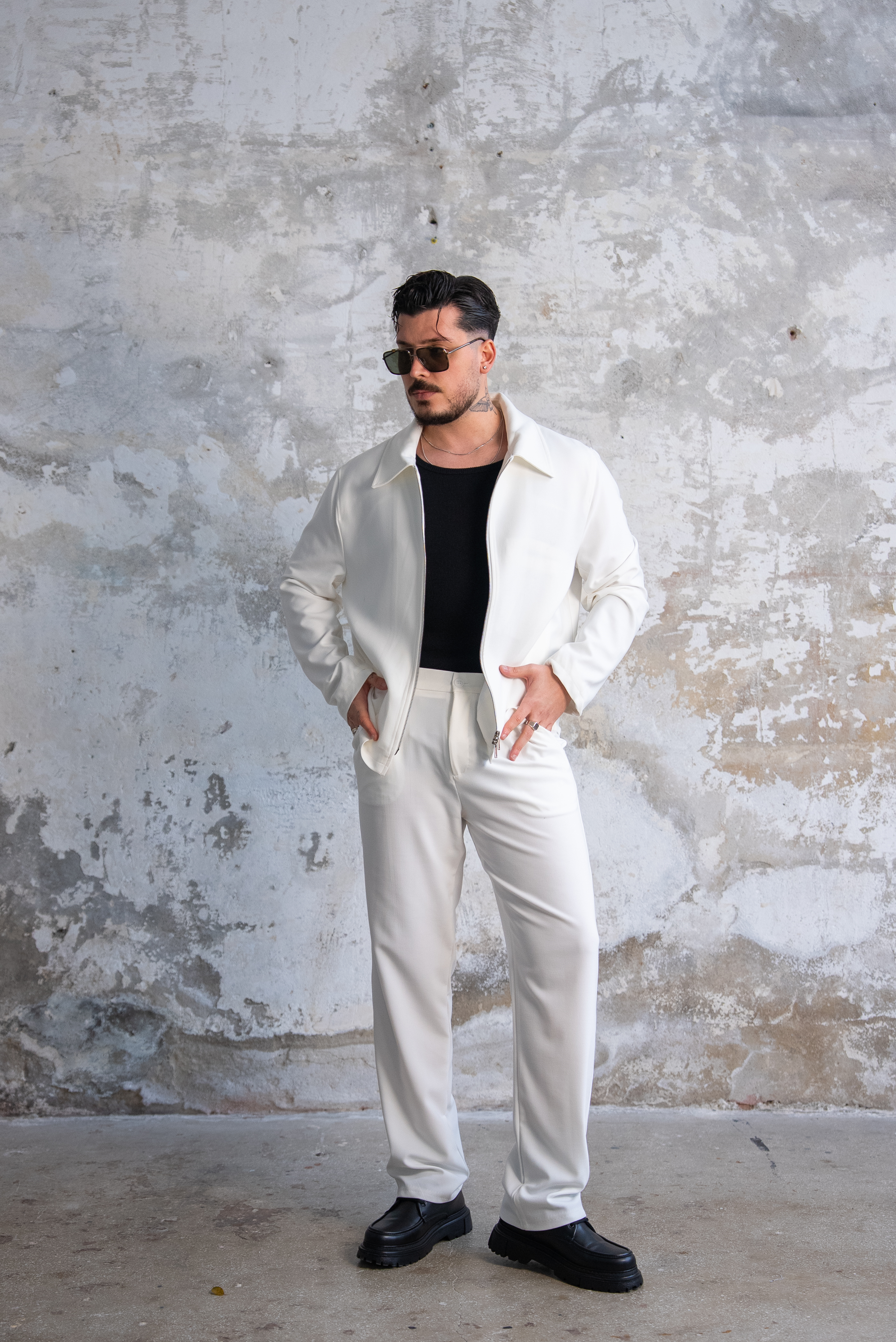 ZR Design Fermuarlı Rahat Kesim Takım Beyaz