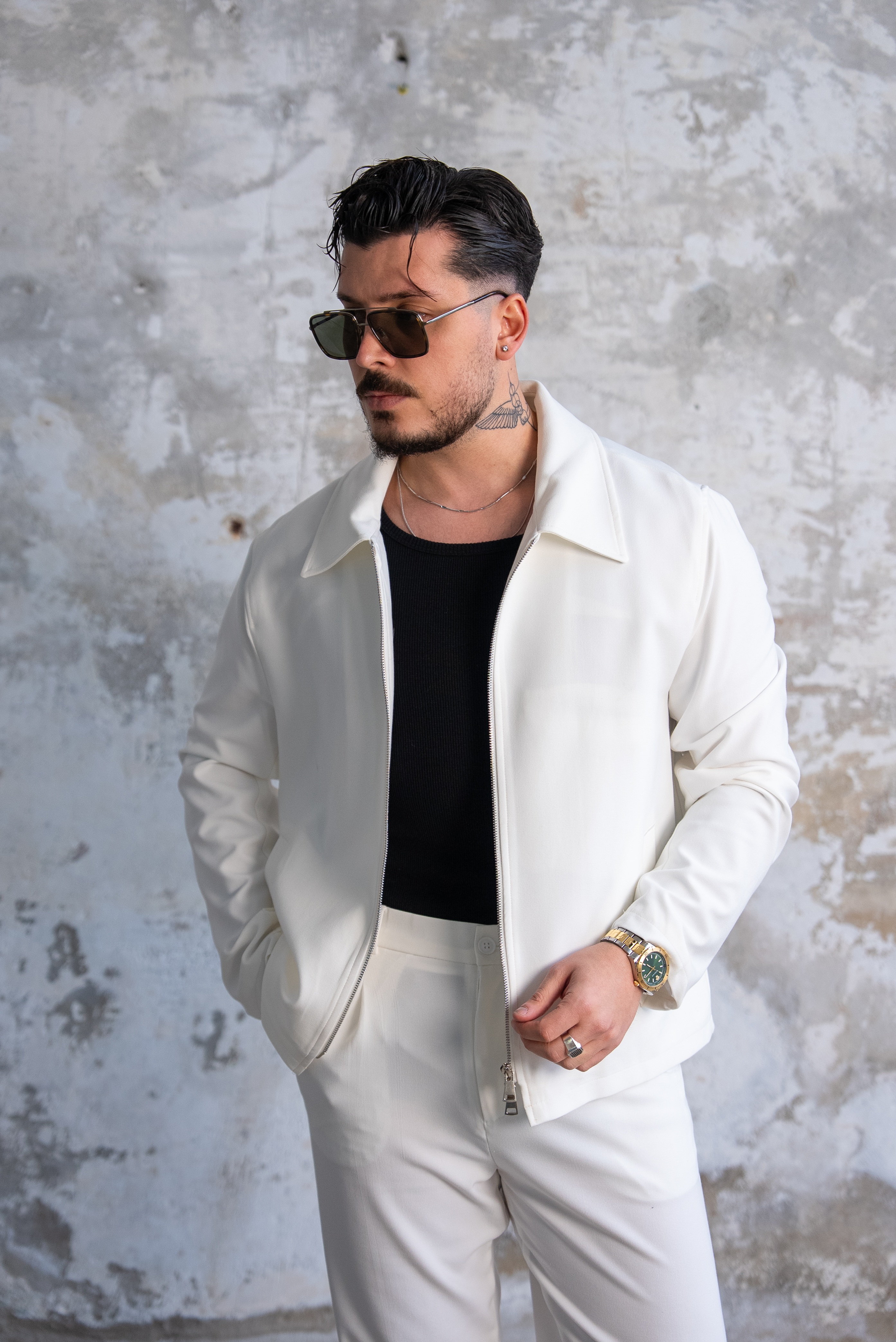 ZR Design Fermuarlı Rahat Kesim Takım Beyaz