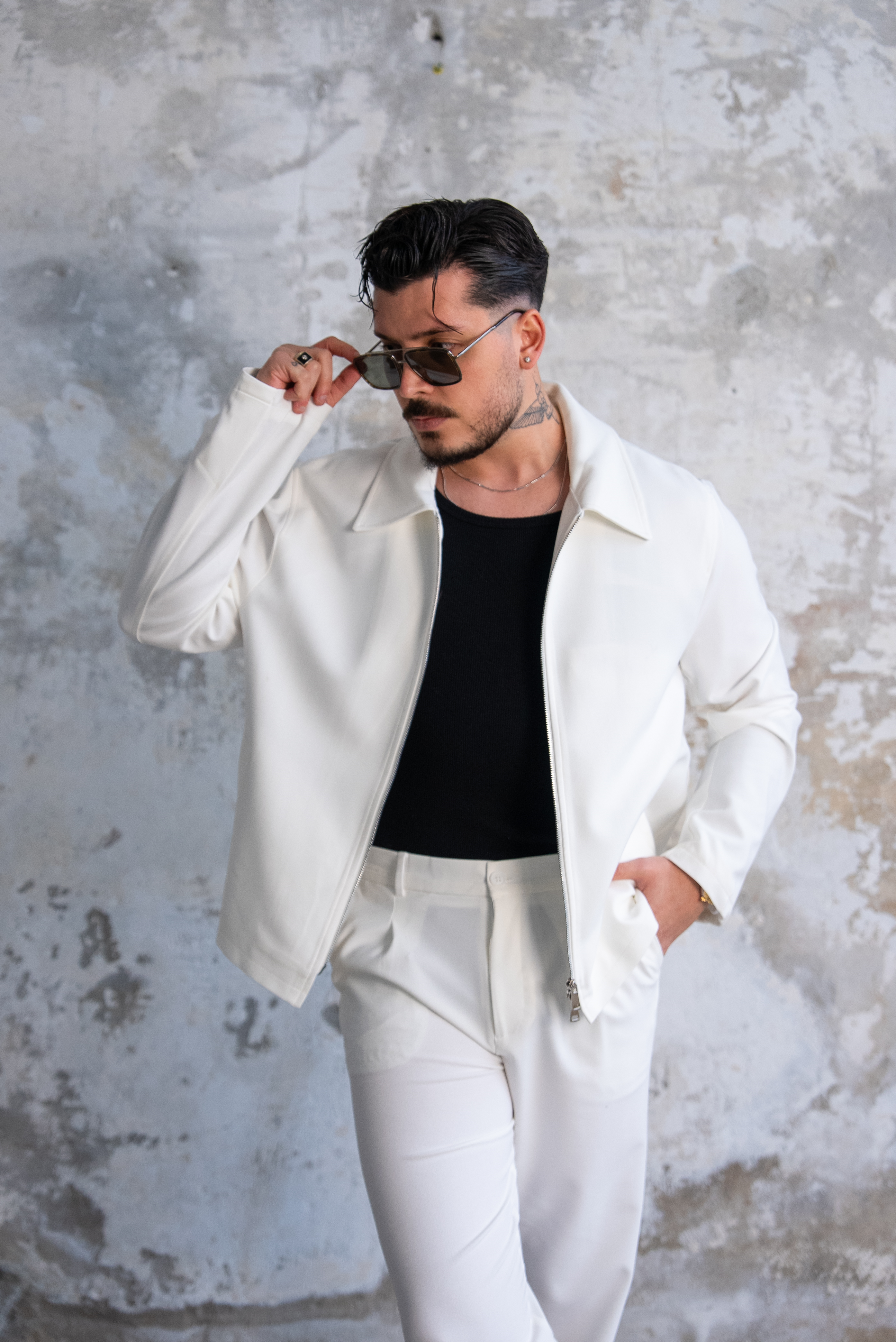 ZR Design Fermuarlı Rahat Kesim Takım Beyaz