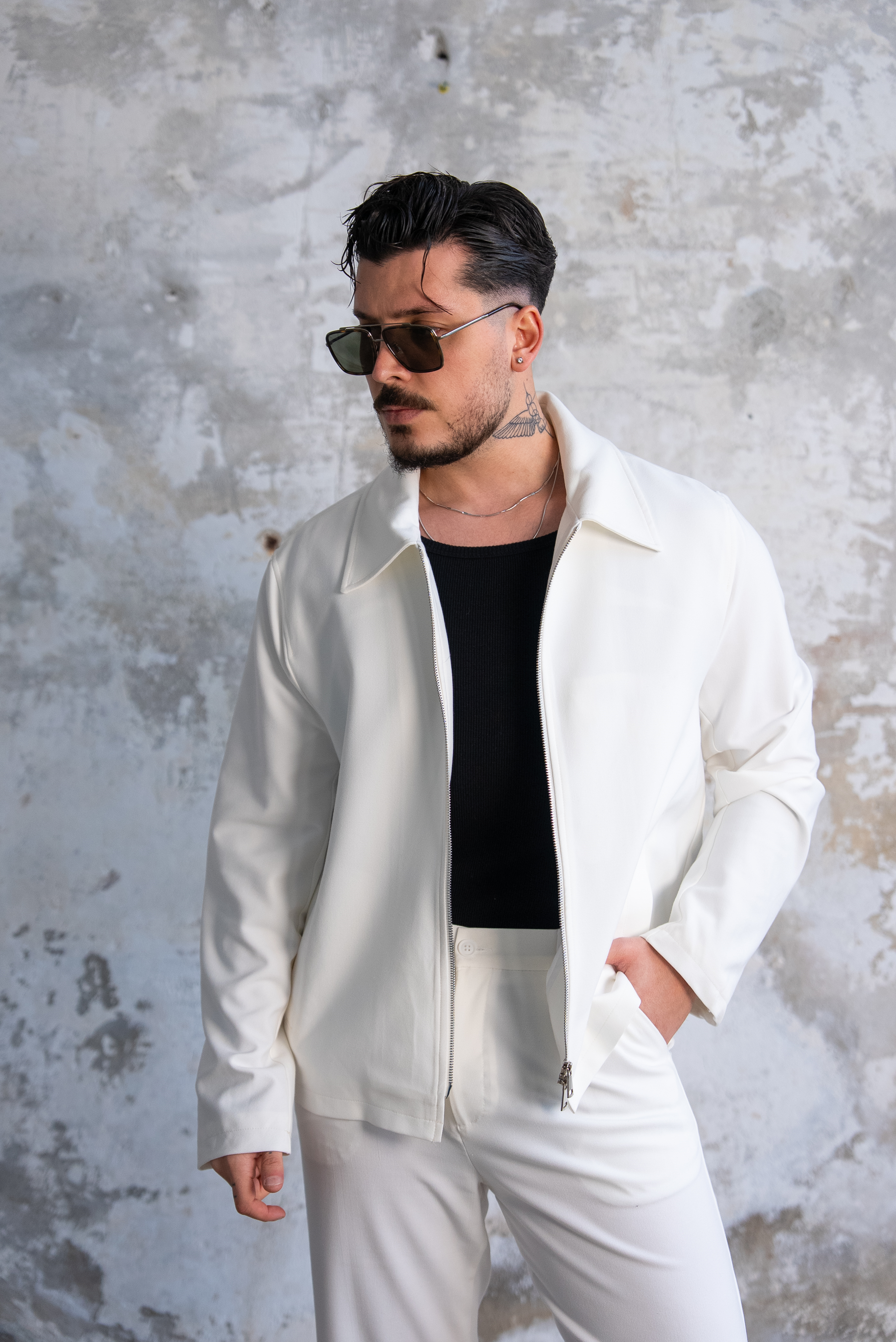 ZR Design Fermuarlı Rahat Kesim Takım Beyaz