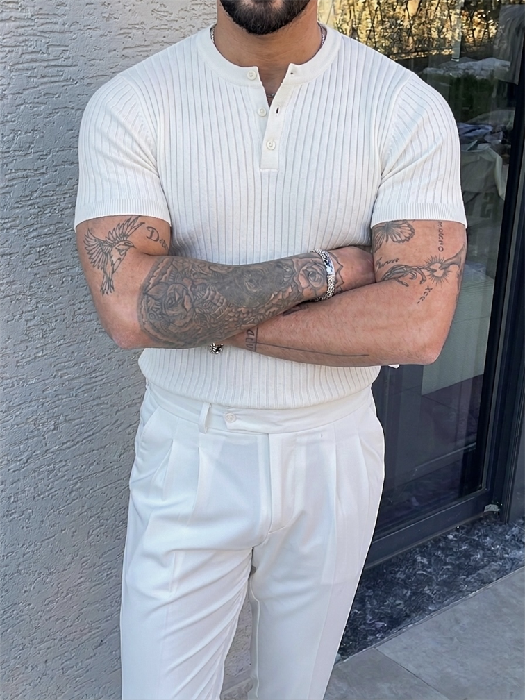 %100 Cotton Dik Çizgili Hakim Yaka Relaxed Triko Tshirt Beyaz