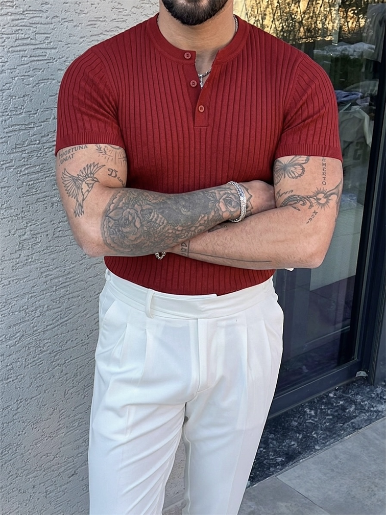 %100 Cotton Dik Çizgili Hakim Yaka Relaxed Triko Tshirt Bordo