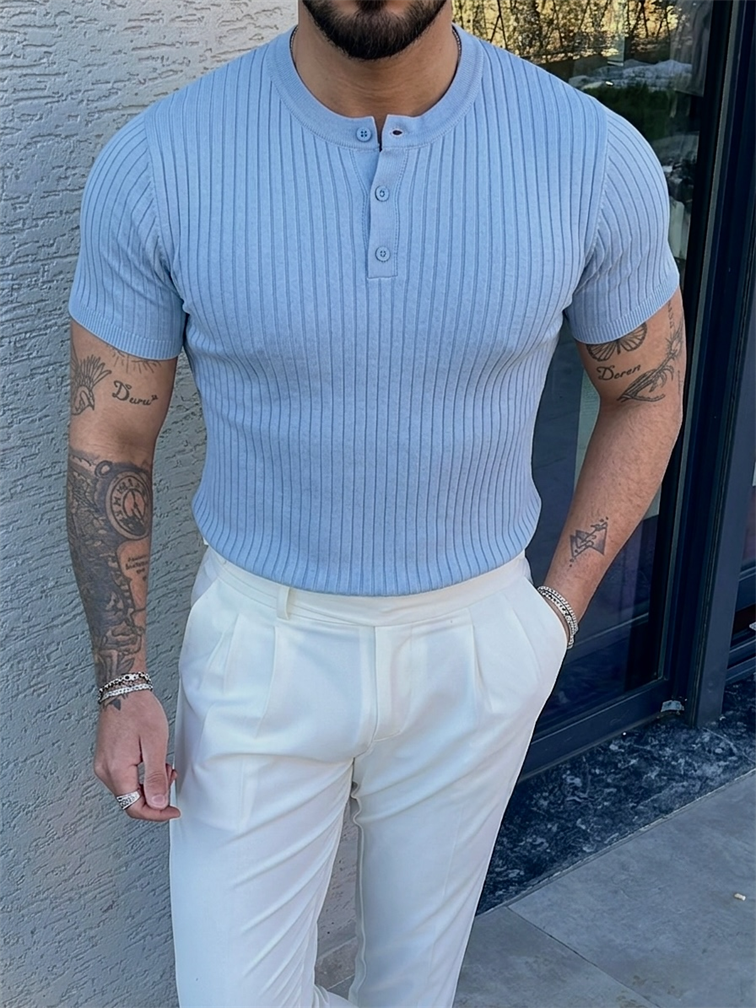 %100 Cotton Dik Çizgili Hakim Yaka Relaxed Triko Tshirt Bebe Mavisi